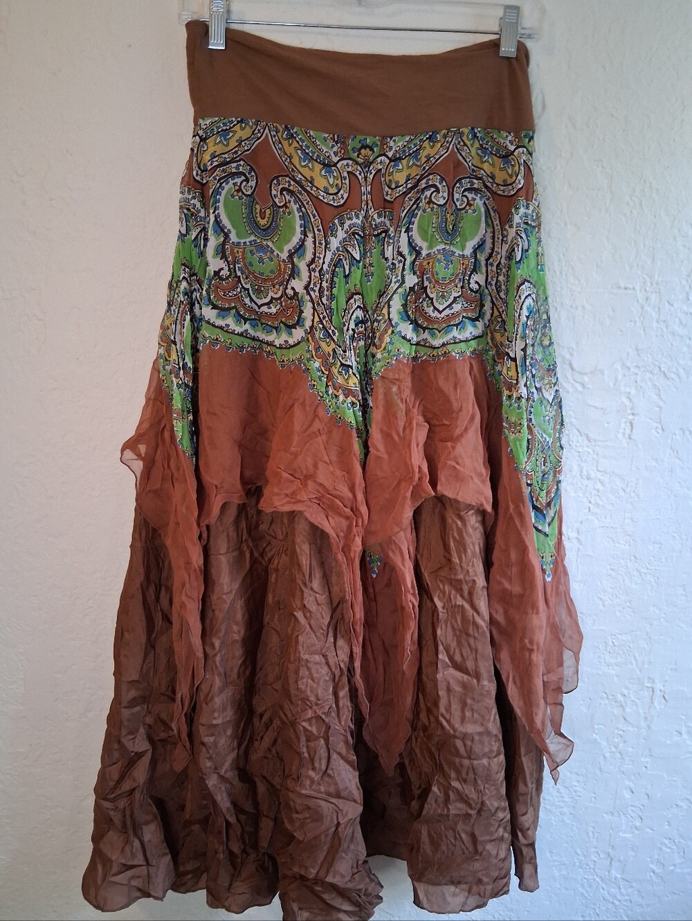 Bailey 44 Boho Brown  Green Paisley Maxi Hankerchief Skirt Whimsical Fairycore M